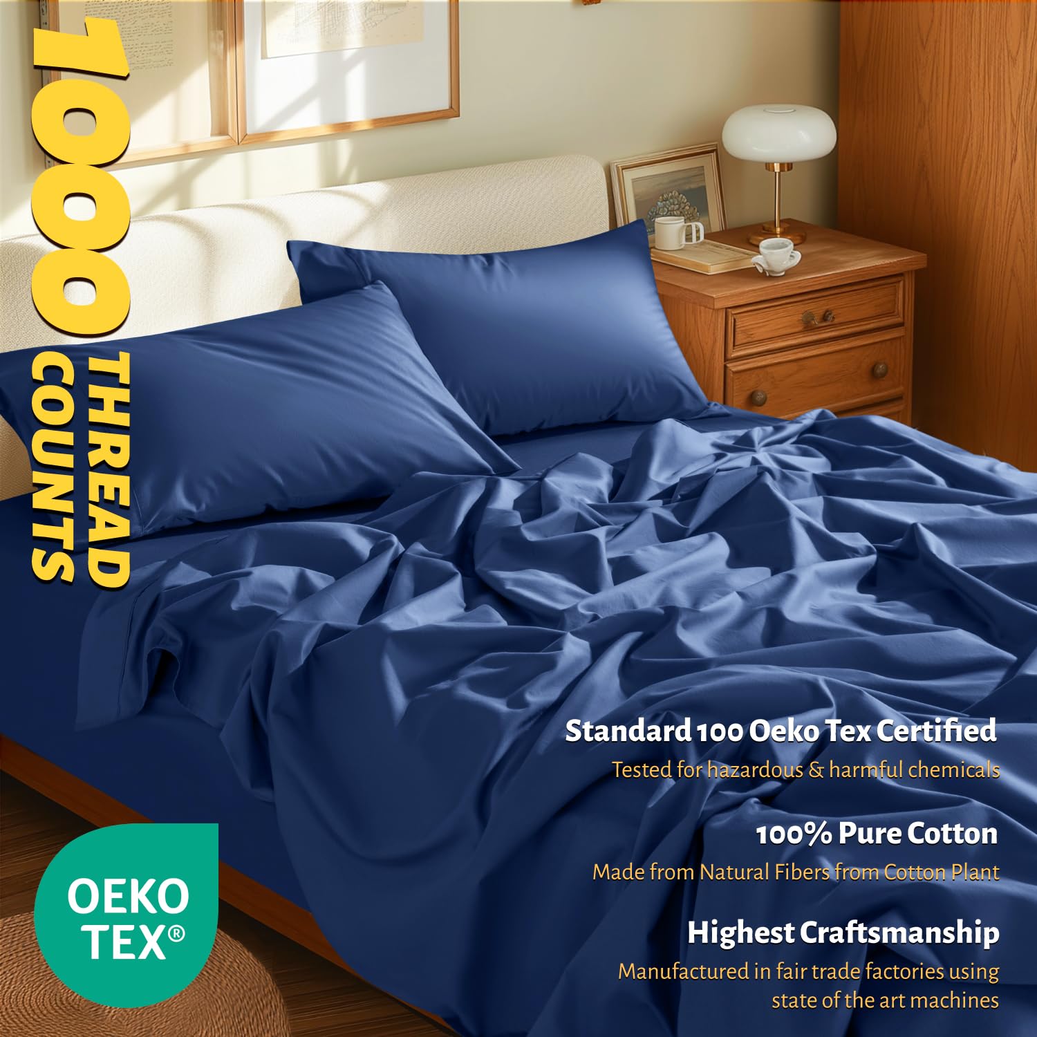 Shilucheng 100% Egyptian Cotton Queen Size Sheets Set - 1000 Thread Count,Luxury Cotton Bed Sheets,Breathable & Cooling Bedding And Pillow Cases, 16 Inch Deep Pocket - 4 Piece (Navy Blue, Queen)